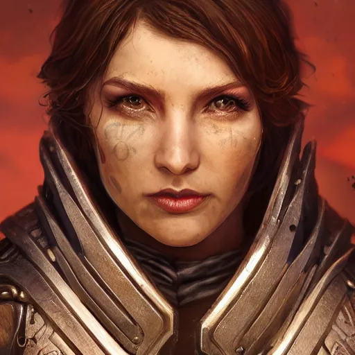 Image similar to charismatic rugged, the elder scrolls vi character brunette female portrait partially clothed in exquisitely deatiled metal - plated battle armour, atmospheric lighting, painted, intricate, volumetric lighting, beautiful, rich deep colors masterpiece, sharp focus, ultra detailed by leesha hannigan, ross tran, thierry doizon, kai carpenter, ignacio fernandez rios