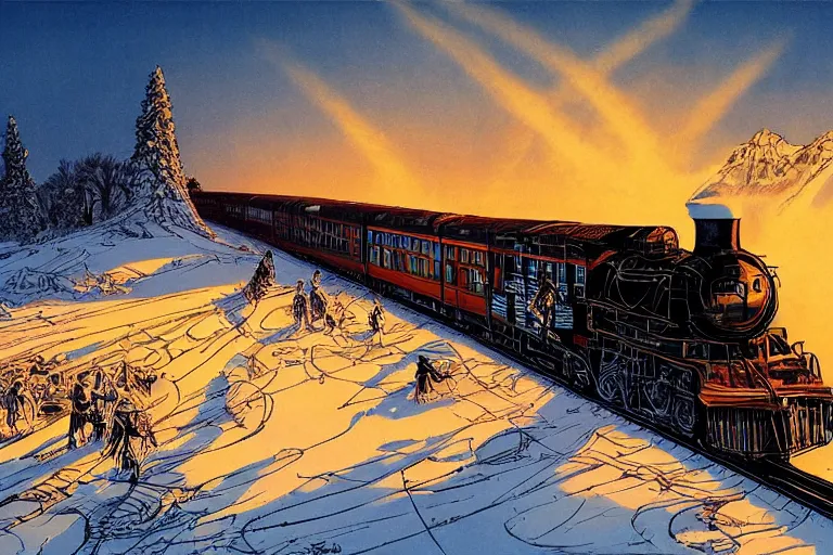 Image similar to trans - siberian express train ultrafine drawing by joe fenton and syd mead and p. craig russell and barry windsor - smith, artstation, 4 k, graphic novel, concept art, matte painting, beautiful russian winter landscape sunset background, golden hour, art nouveau, sharp