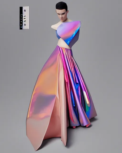 Image similar to ball shaped accordion sleeve haute couture, striking pose, dynamic folds, volume flutter, youthful, modeled by modern designer bust, award fashion, picton blue, petal pink gradient scheme, holographic tones, expert composition, professional retouch
