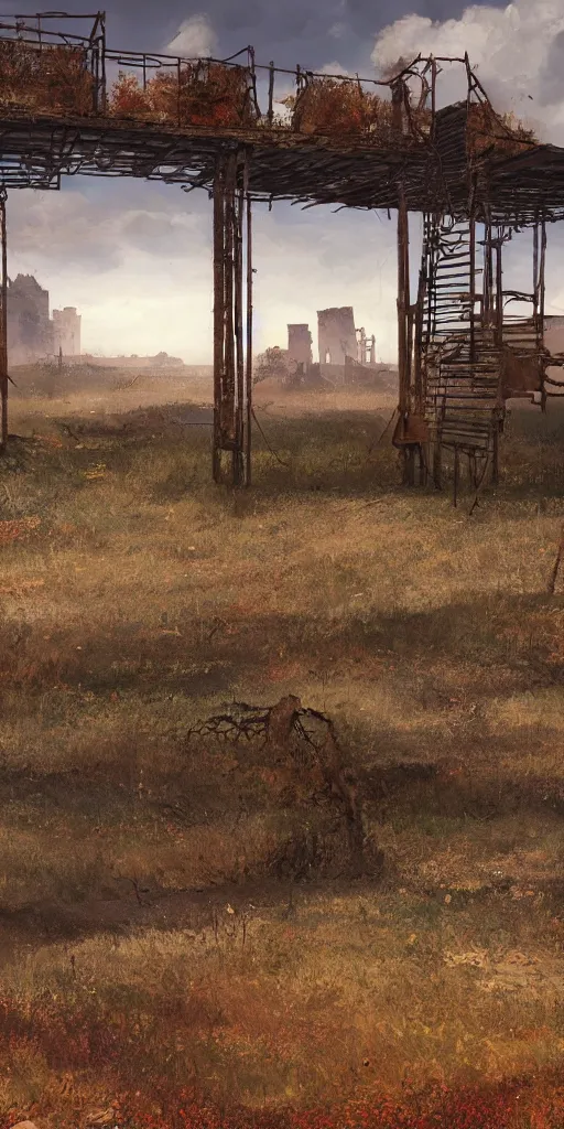 Image similar to rusty broken building constructions of a giant staircase for multiple cases, leading to the sky, the ruins, in the steppe, autumn field, misty background, from the game pathologic 2, highly detailed, sharp focus, matte painting, by isaac levitan and asher brown durand,