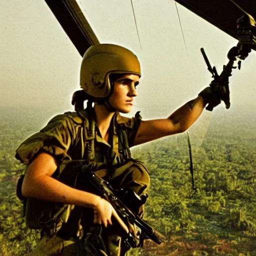 Prompt: film still, bell huey helicopter extreme far view, emma watson vietnam door gunner, film still from apocalypse now ( 1 9 7 9 ), 2 6 mm, kodak ektachrome, blue tint expired film,