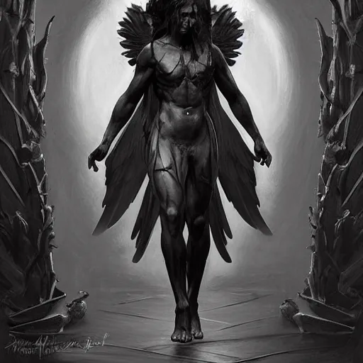 Prompt: muscular Angel standing in the front of gates of hell . Angel is covered with black cloath.. angel is draped with bones. Digital painting. Art station. Mood lighting. Skindness, highly detailed, concept art, intricate, sharp focus, einar jonsson and bouguereau - h 1200