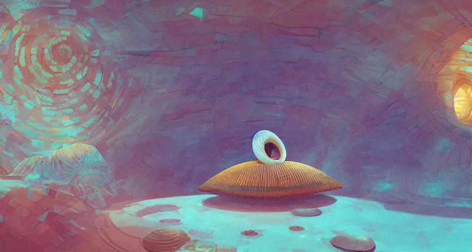 Image similar to digital painting of a tiny sacred spiral, procedural seashell house surrounded by dreamy coral, syd mead, tadao ando, cell shaded graphics, concept art, minimalist, golden ratio