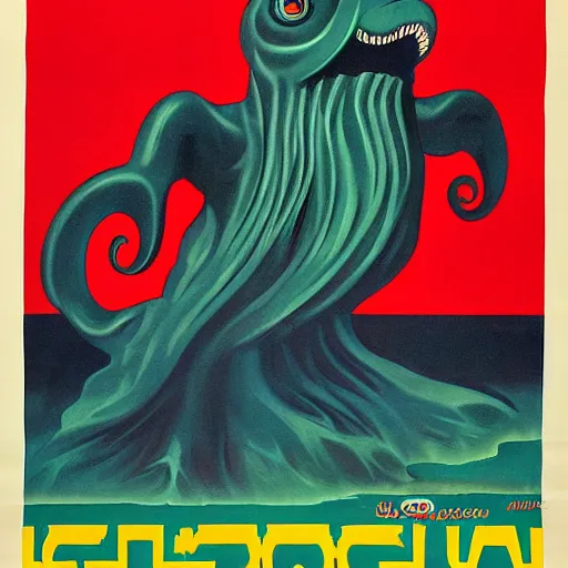 Image similar to A vintage soviet poster featuring C'thulhu, by Keith Munro and Fernanda Cursio and Sergei Shirobokov