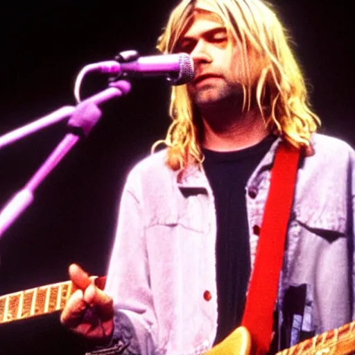 Image similar to Kurt Cobain (Nirvana) on stage at a concert if he was still alive today, 2022, alternate reality picture