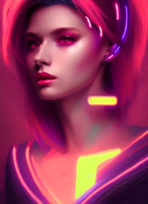 Prompt: portrait of female humanoid with dyed hair, intricate, elegant, cyber neon lights, highly detailed, digital illustration, artstation, pinterest, glamor pose, concept art, smooth, sharp focus, art by artgerm and greg rutkowski