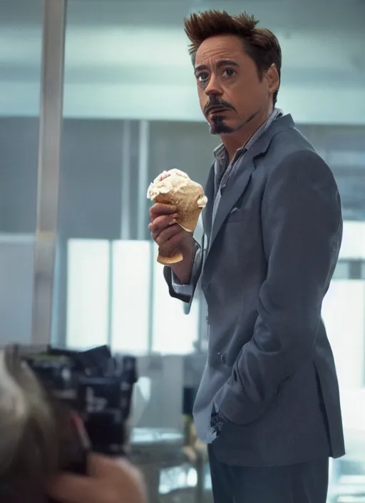 Image similar to a full portrait photo of robert downey jr eating ice cream in movie iron man, f / 2 2, 3 5 mm, 2 7 0 0 k, lighting, perfect faces, award winning photography.