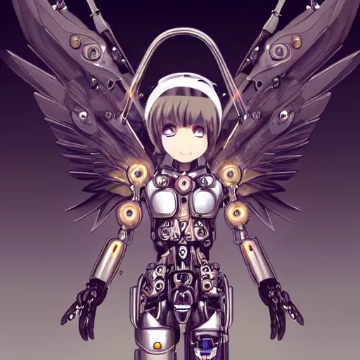 Image similar to cute small cyborg - angel girl with large angelic wings, left eye gold and right eye silver, biomechanical details, wearing epic bionic cyborg implants, digital cyberpunk - anime art, full body shot