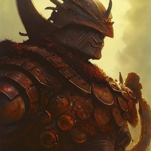 Prompt: head and shoulders portrait of an armored fire giant, d & d, fantasy, greg rutkowski, frank frazetta, alexandre chaudret, boris vallejo, michael whelan, miro petrov, magali villeneuve, donato giancola