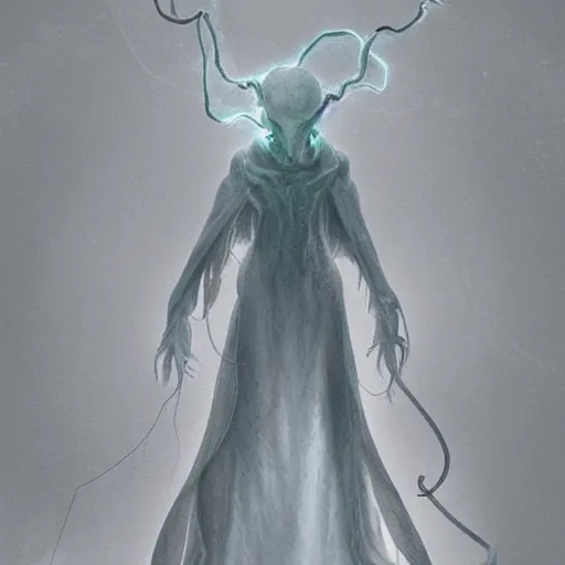 Prompt: concept designs for an ethereal ghostly wraith like figure with a squid like parasite latched onto its head and long tentacle arms that flow lazily but gracefully at its sides like a cloak while it floats around a frozen rocky tundra in the snow searching for lost souls and that hides amongst the shadows in the trees, this character has hydrokinesis and electrokinesis for the resident evil village video game franchise with inspiration from the franchise Bloodborne and the mind flayer from stranger things on netflix in the style of a marvel comic