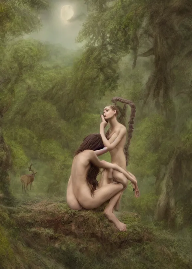 Prompt: a highly detailed matte painting of a figure study of a female faun with a dark curly mane down to the small of her back, sad, contemplative, hope sandoval, stephanie leonidas, helena bonham carter, moonlight, lush vegetation, 8 k hd, concept art, artstation, deviantart, cg society,