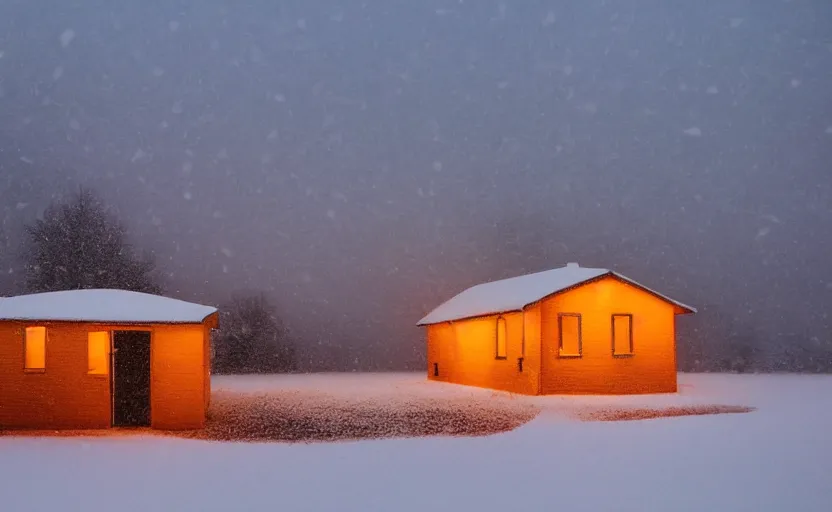 Image similar to Snowy Landscape with Blizzard and heavy snow, a Small shack in the distance with orange lights in the windows
