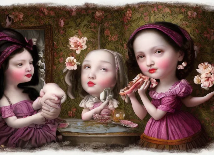 Prompt: 🦩🪐🐞👩🏻🦳, lowbrow, 8 k, matte painting, in the style of mark ryden,