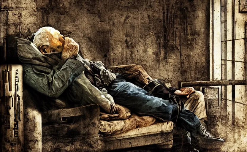 Prompt: ancient old man sleeping inside, mech, ww 3, resting, gritty, apocalyptic, poster