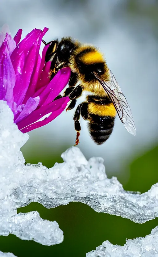 Prompt: a bee finding a beautiful flower, both entrapped in ice, only snow in the background, beautiful macro photography, ambient light