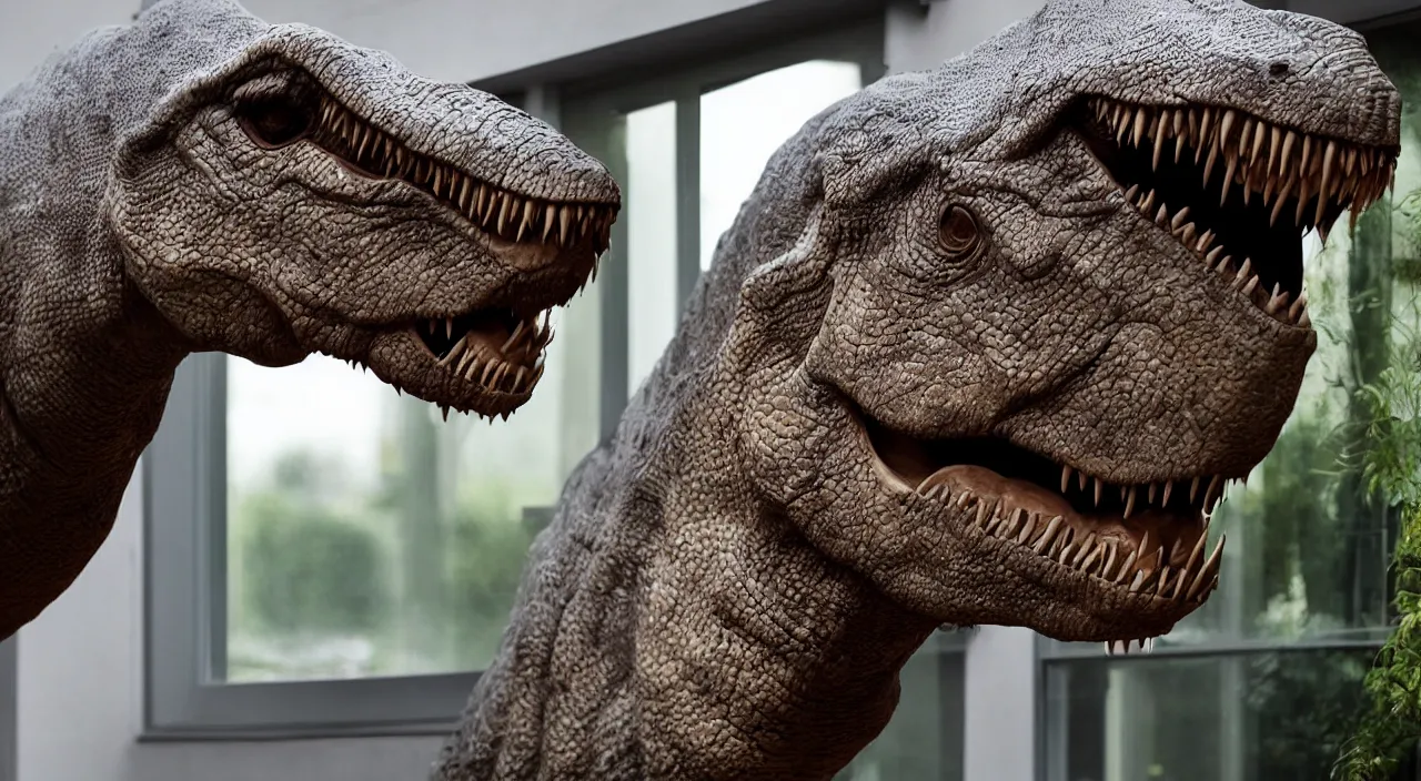 Image similar to Huge T-rex head outside close to the window, the eyes are open and intense , dark, scary