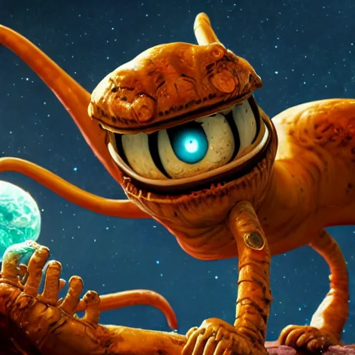 Image similar to eldritch horror bloody garfield in space, hd, 8 k, giant, epic, realistic photo, unreal engine, stars, prophecy, powerful, cinematic lighting, destroyed planet, debris, violent, sinister, ray tracing, dynamic, print, epic composition, dark, horrific, teeth, grotesque, scary, monochrome drawing