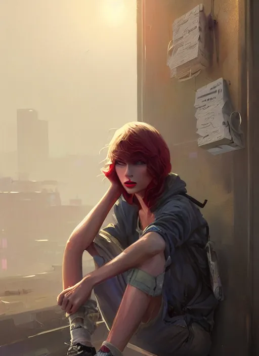 Prompt: Highly detailed full-body portrait of homeless Taylor Swift, in GTA V, Stephen Bliss, unreal engine, fantasy art by Greg Rutkowski, Loish, Rhads, Makoto Shinkai and Lois van baarle, ilya kuvshinov, rossdraws, Tom Bagshaw global illumination, radiant light, detailed and intricate environment