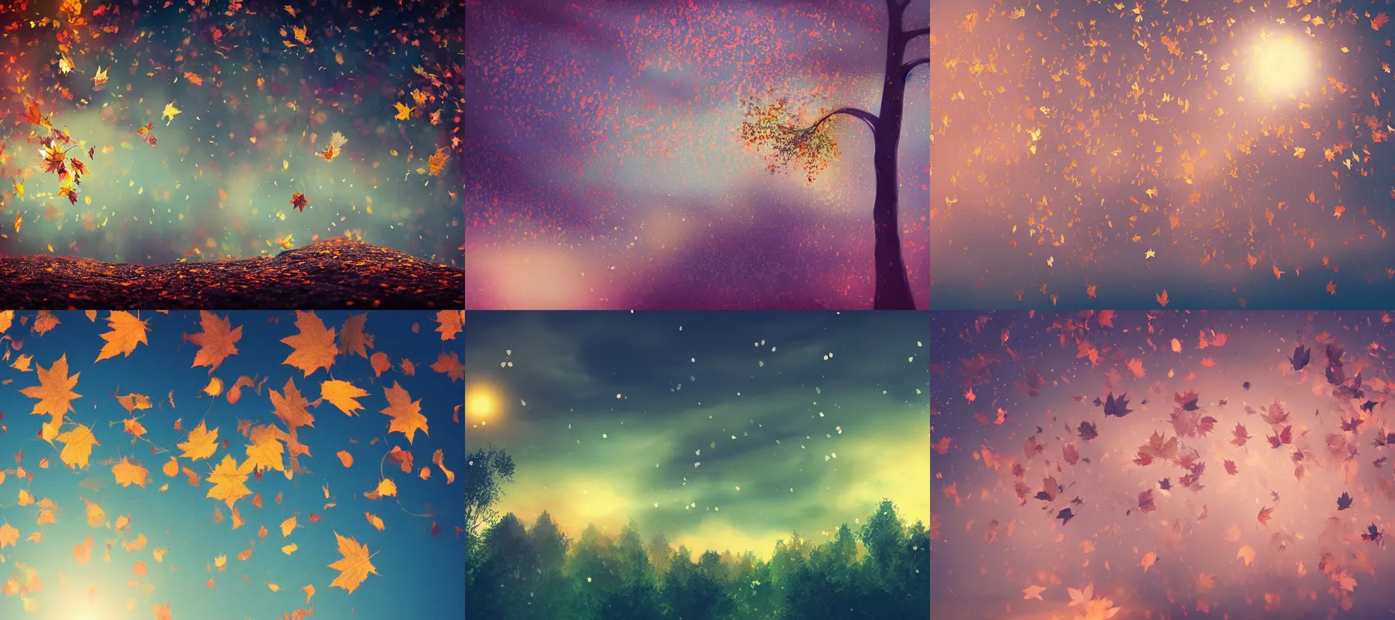 Prompt: magical leafs falling, sky background, by greg rutkwosi, bokeh, lightshafts, artstation