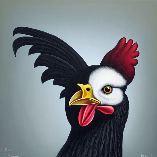 Image similar to a painting of a chicken, an ultrafine detailed painting by rafal olbinski, behance contest winner, pop surrealism, detailed painting, very detailed, minimalist, skeuomorphic, airbrush art