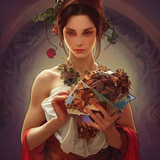 Prompt: a fortune teller holding a wrapped birthday gift with a confused look on their face, art by artgerm and greg rutkowski and alphonse mucha, concept art, octane render, unreal engine 5, highly detailed, high quality, 8 k, soft lighting, realistic face, path traced