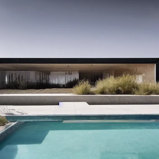 Prompt: brutalism conceptual house in the desert, biophilia mood, pool, garden, highly detailed, cinematic, photorealistic,