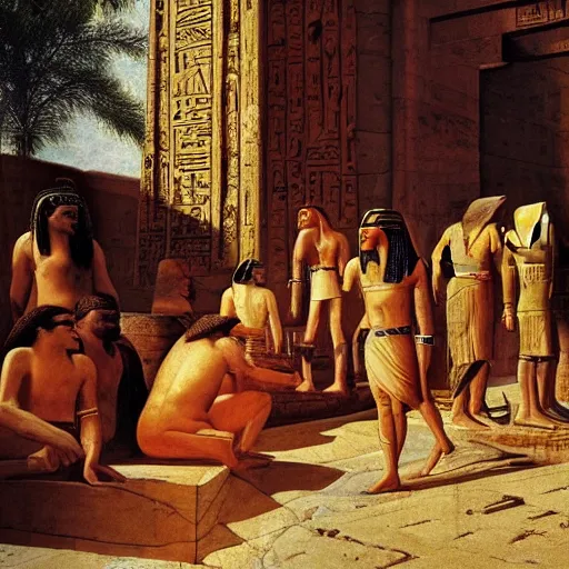 Prompt: epic masterpiece ordeal of the traveller in Ancient Egypt by Howard Lyon and neoclassic painting, fantastic reality, detailed and beautiful faces, dramatic lighting, establishing shot, 8k resolution – W 1024