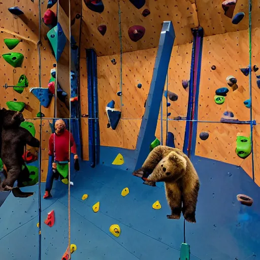 Prompt: photo of bears in a climbing gym