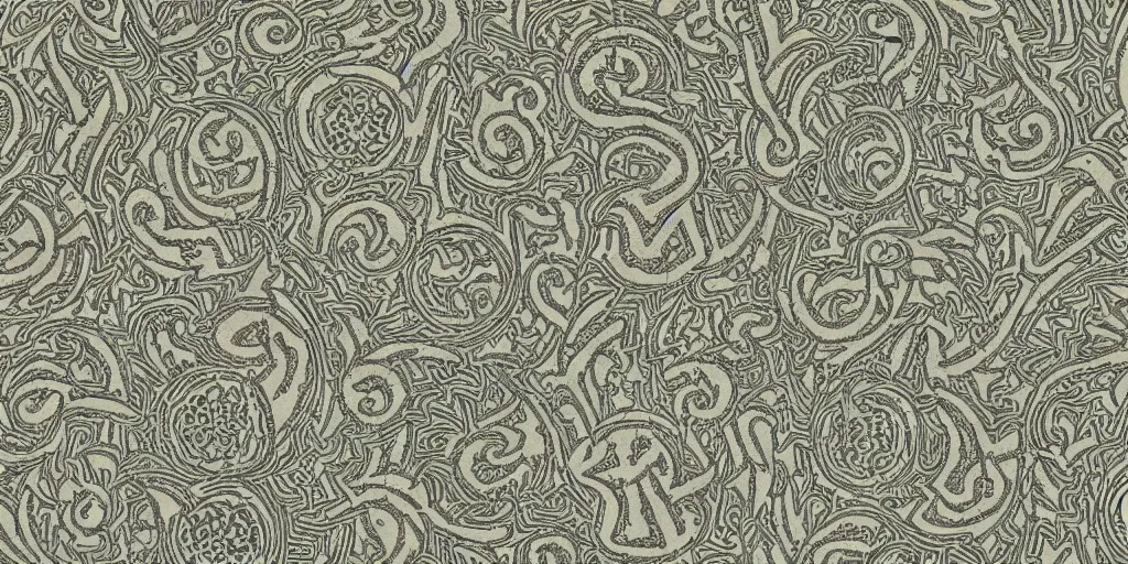 Image similar to scan of old symmetrical patterned wallpaper showing hay creatures and cryptic occult alpine symbols and dolomites