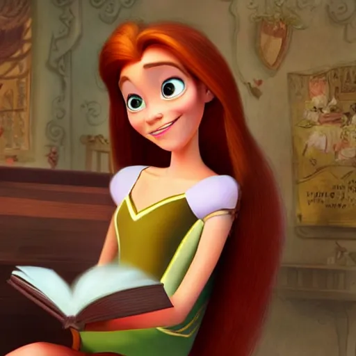 Image similar to young woman with red hair reading a book in a still from disney's tangled. beautiful animation character art, high quality, detailed face