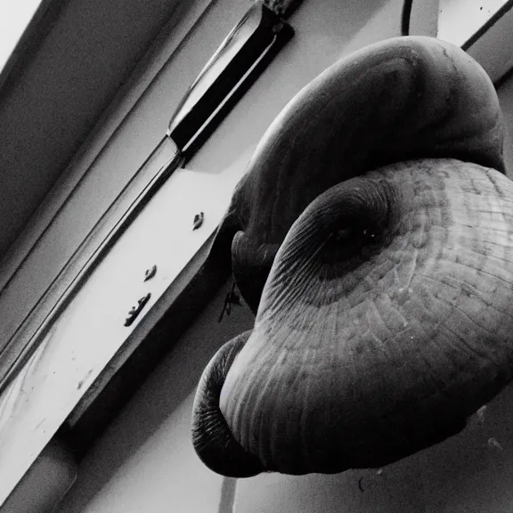 Prompt: giant snail caught sneaking around on cctv, surveillance footage, black and white, low quality