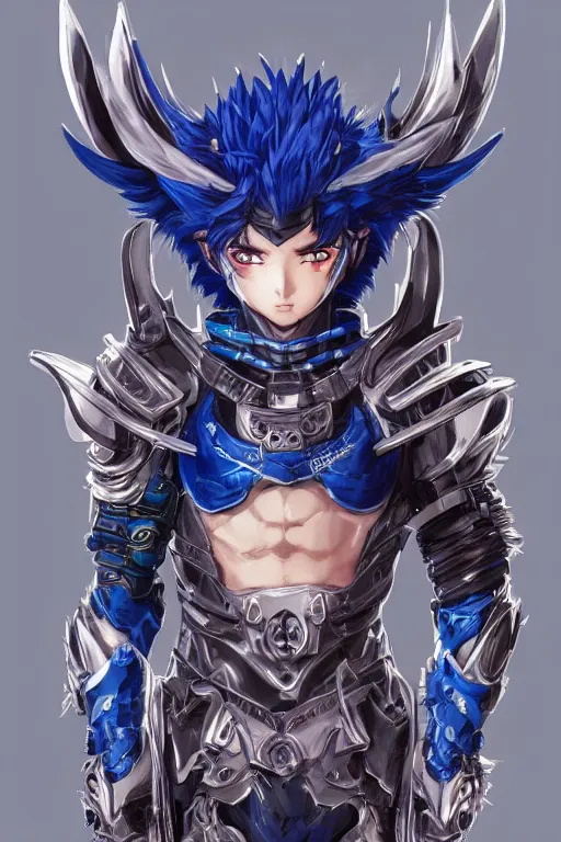 Image similar to concept art, anime portrait of a ninja cyborg warrior wearing an intricate azure wolf themed armor by Masamune Shirow, Stanley Artgerm Lau, WLOP, Rossdraws, James Jean, Andrei Riabovitchev, Marc Simonetti, and Sakimichan, trending on artstation