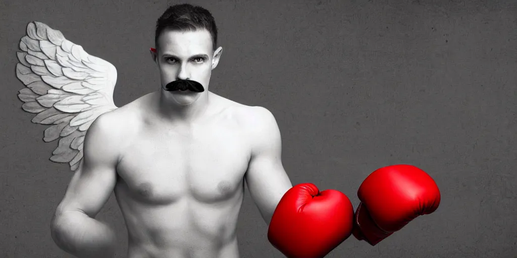 Image similar to an angelic man with boxing gloves, angel wings, a halo and a mustache, digital art