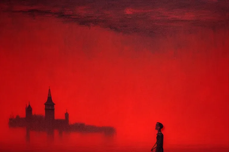 Image similar to only with red, a red dystopic knight, venice, flock of birds in the red sky, in the style of beksinski, parts by edward hopper, parts by rodcenko, parts by yue minjun, intricate and epic composition, red by caravaggio, insanely quality, highly detailed, masterpiece, red light, artstation, 4 k