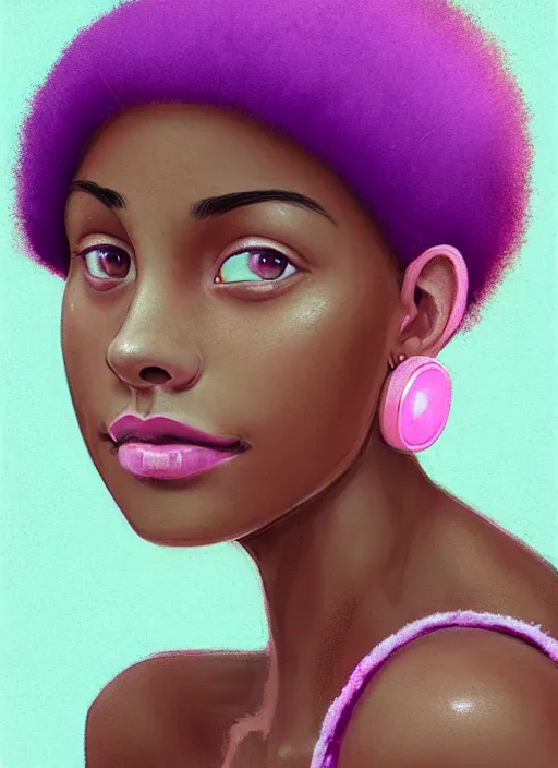 Image similar to portrait of vanessa morgan, black teenage girl, pink hair, wavy pixie haircut, purple newsboy cap, fluffy pink hair coming out from under cap, hoop earrings, subtle confident smile, intricate, elegant, glowing lights, highly detailed, digital painting, artstation, concept art, sharp focus, illustration, art by wlop, mars ravelo and greg rutkowski