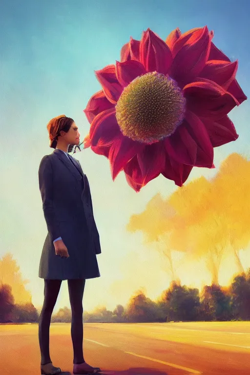 Image similar to giant dahlia flower head, frontal, girl in a suit, standing in street, surreal photography, sunrise, dramatic light, impressionist painting, digital painting, artstation, simon stalenhag