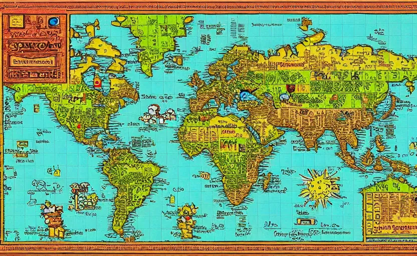 Prompt: super mario world map, antiquated, stained, cartography, photorealistic