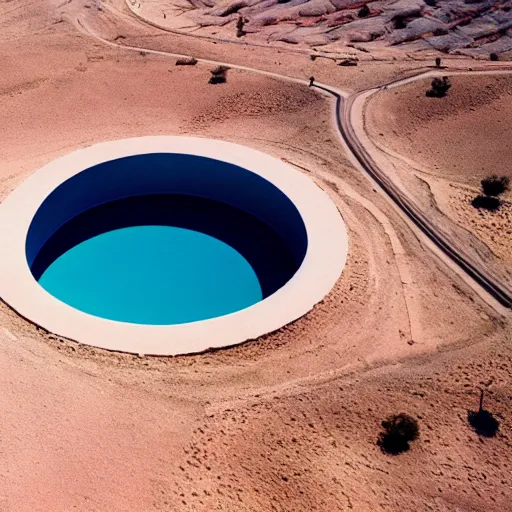 Image similar to a circular Non-Euclidean clay building sitting in the desert, vintage photo, beautiful cinematography, blue sky, film grain, aerial view, extreme wide shot, far away, symmetrical, in the distance, James Turrell