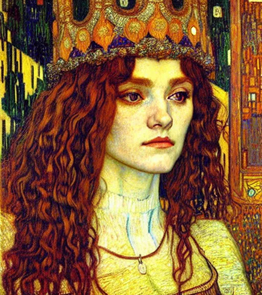 Image similar to detailed realistic beautiful young medieval queen face portrait by jean delville, gustav klimt and vincent van gogh, art nouveau, symbolist, visionary, gothic, pre - raphaelite, muted earthy colors, desaturated