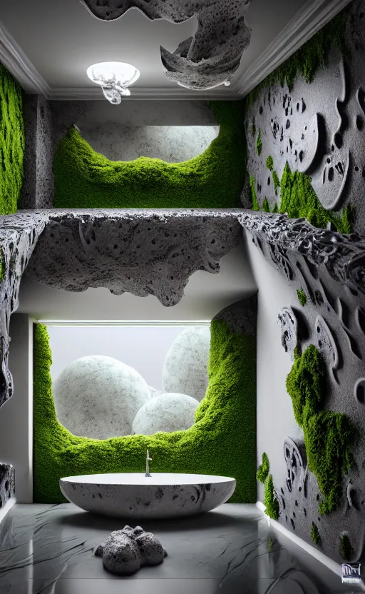 Image similar to highly detailed ultra sharp 3 d render villa interior cinematic composition of a smooth ceramic porcelain biomorphic magnolia stone nebula fluid fractal sci - fi surreal architecture landscape, granite, metallic, magnesium, marble, moss and lichen, vincent callebaut composition, mamou - mani, archviz, beautiful lighting, 8 k, unreal engine, hdr,