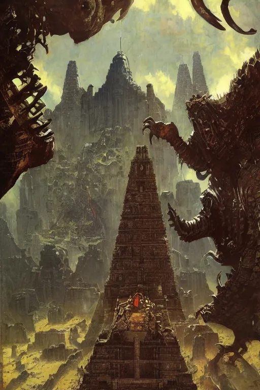 Prompt: a kaiju towers over a mayan temple, by norman rockwell, jack kirby, jon berkey, earle bergey, craig mullins, ruan jia, jeremy mann, tom lovell, marvel, astounding stories, 5 0 s pulp illustration, scifi, fantasy, artstation creature concept