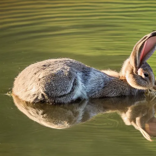 Image similar to high detailed photo of a rabbit relaxing at a nearby lake with a duck floating by.