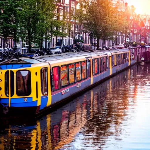 Prompt: a crowded metro train floating in a canal in Amsterdam, sunset