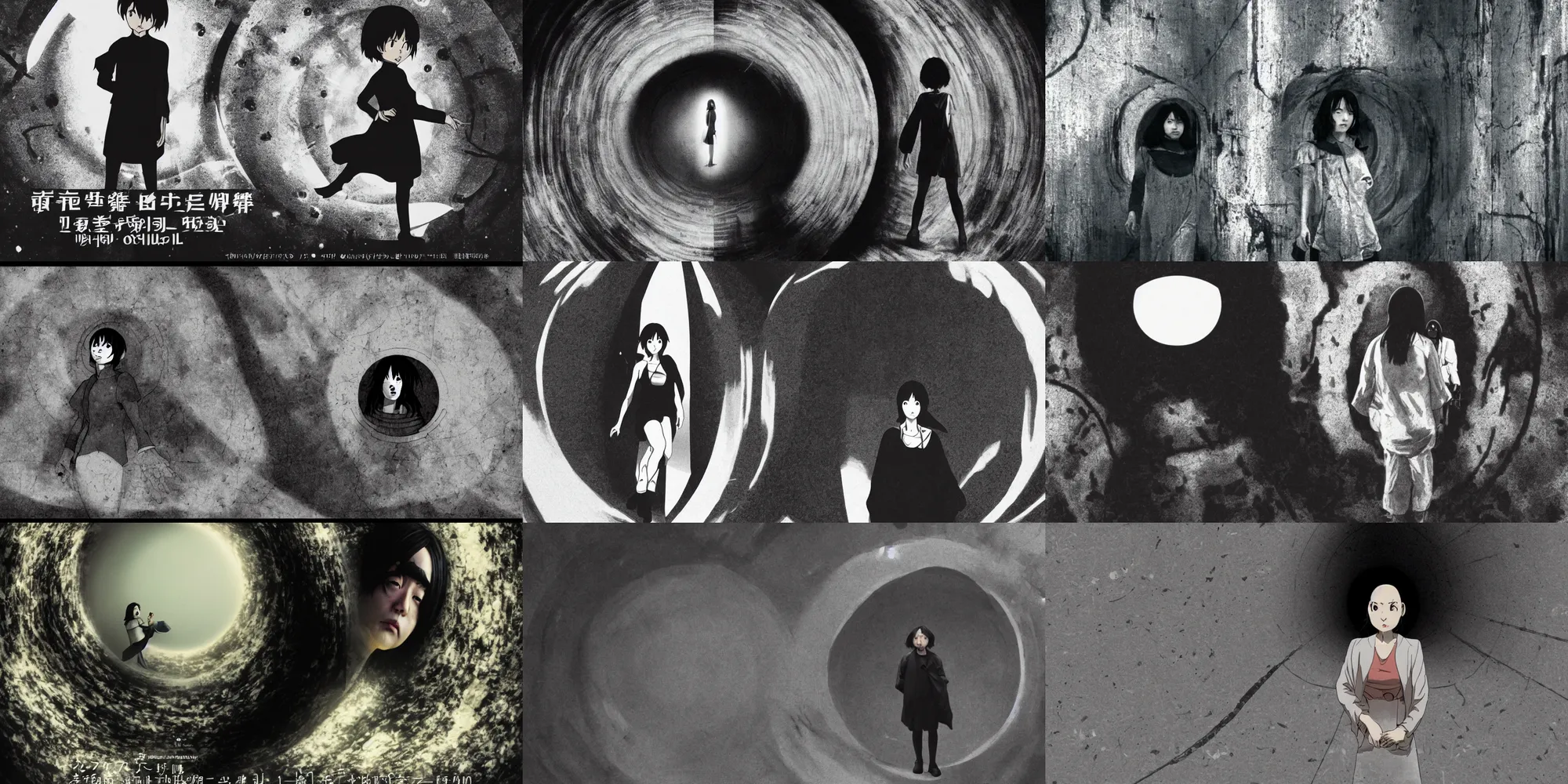 Prompt: mamoru oshii miyazaki movie poster, ultra wide, brutalist, girl outside a large vanta black hole in the side of a concrete wall, entrance to a dark tunnel, black circle, black round hole, black depths
