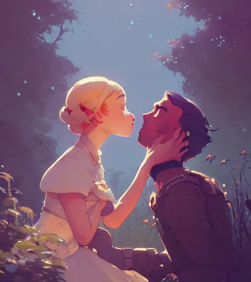 Image similar to a princess and a king almost kissing in the beautiful garden by atey ghailan, by greg rutkowski, by greg tocchini, by james gilleard, by joe fenton, by kaethe butcher, dynamic lighting, gradient light blue, brown, blonde cream and white color scheme, grunge aesthetic