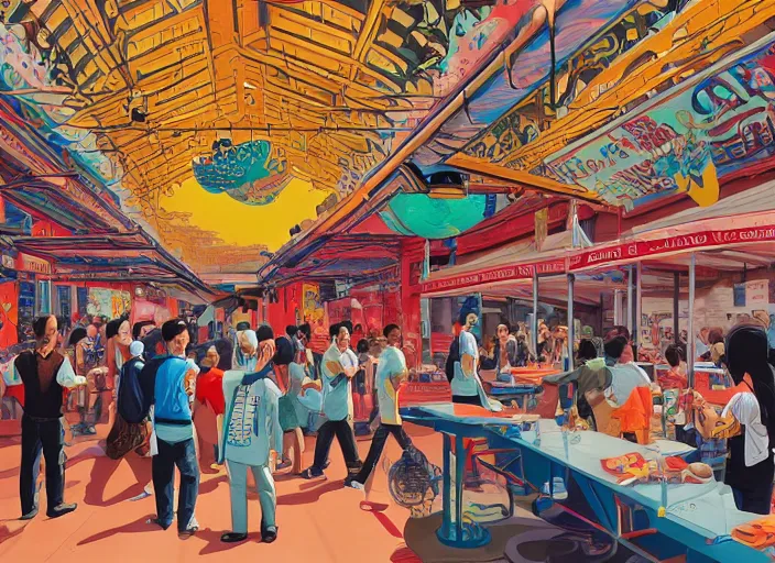 Image similar to Singapore prime ministers in a hawker centre, Tristan Eaton, victo ngai, artgerm, RHADS, ross draws