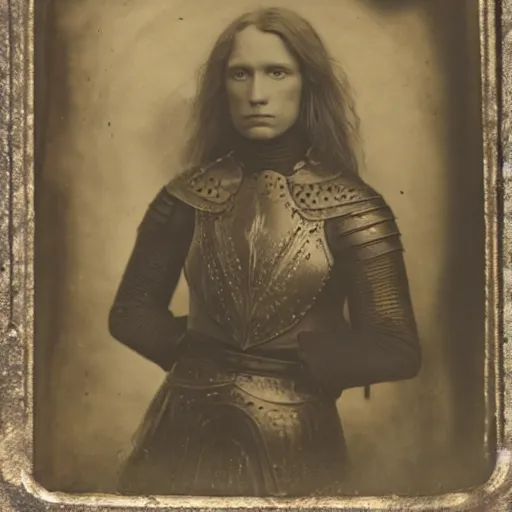 Image similar to tintype photo of brienne of tarth, wearing armor, by julia margaret cameron 1 8 8 0 s, realistic, body shot, sharp focus, 8 k high definition, insanely detailed, intricate, elegant