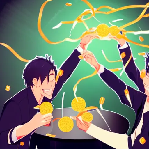 Prompt: anime cartoon portrait of 2 guys in designer clothes at a private table in a club surrounded by beautiful girls throwing rubber bands in the air