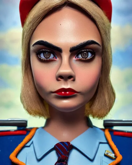 Image similar to closeup face profile portrait of cara delevingne as a tin toy fbi agent, bikini, depth of field, zeiss lens, detailed and intricate environment, fashion photoshoot by nicoletta ceccoli, mark ryden, lostfish, breathtaking, 8 k resolution, artistic, hyperrealistic, octane render