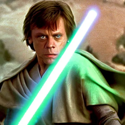 Prompt: a still from a film featuring clean shaven mark hamill as jedi master luke skywalker, holding a green lightsaber by the hilt, full body, 3 5 mm, directed by steven spielberg, 1 9 9 4